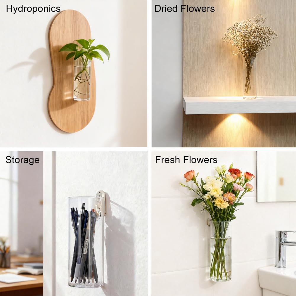 Bunhut Wall Planters for Indoor Plants, 4 Pack Glass Wall Planters for Propagation, Hanging Terrarium Planters with Hooks for Hydroponic Plants, Flowers, Home Office Bathroom Decor