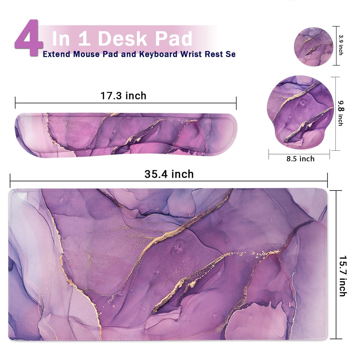 4-in-1 Gaming Mouse Pad Wrist Support Set，Desk Pad + Mouse Pad with Wrist Rest + Keyboard Wrist Rest + Coaster, Ergonomic Design for Home Office Study Game - Purple