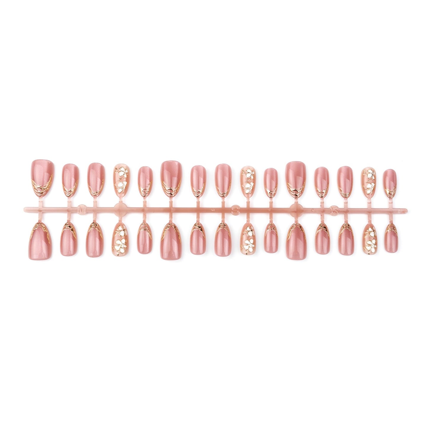 30Pcs Almond Press on Nails Pink Bling Fake Nails Gold French Tip Nails Press ons Spring Cherry Blossom 3D Flower False Nails Glossy Full Cover Stick on Nails Medium Acrylic Nails for Women