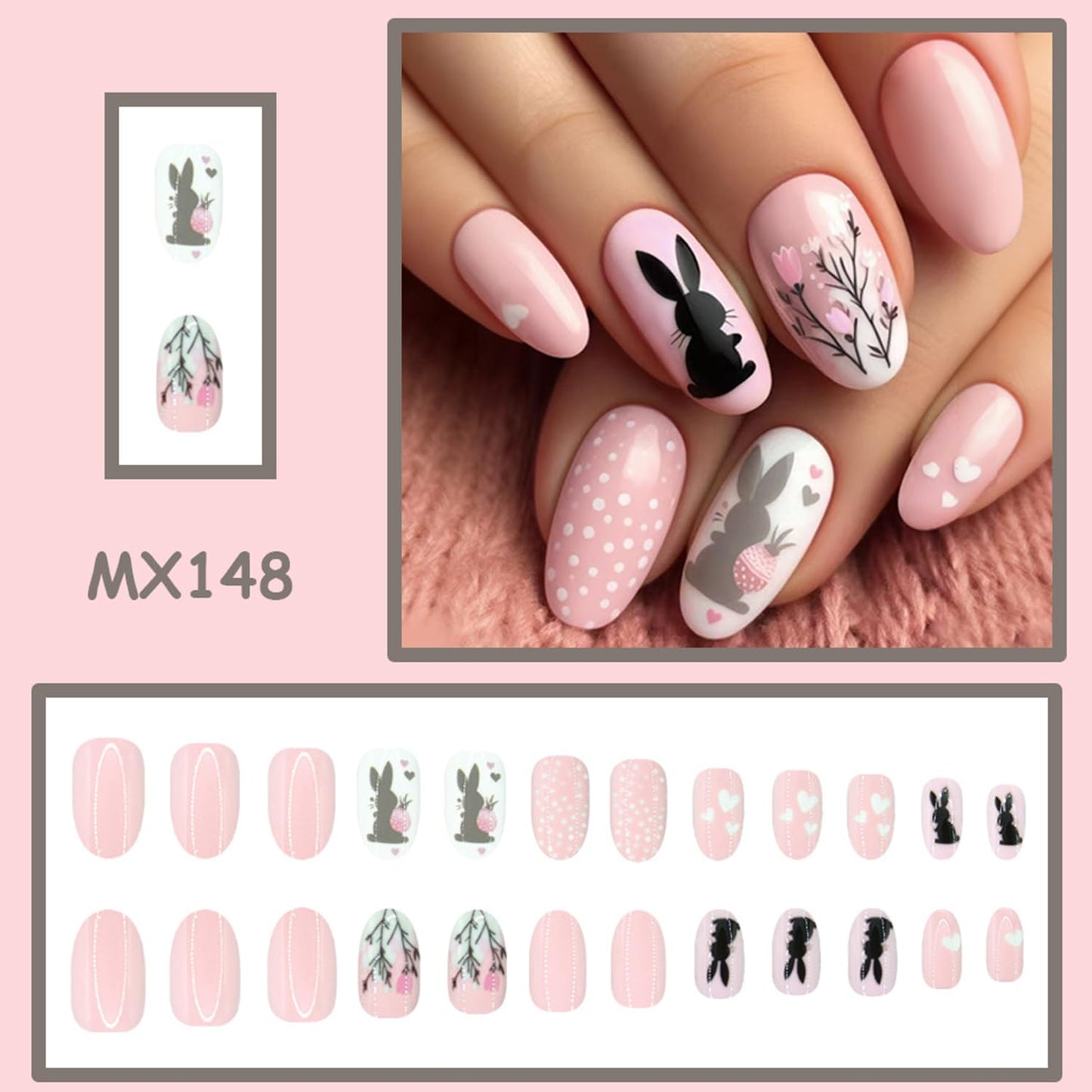 Flowers Easter Press on Nails Oval Shaped Artificial Acrylic Fingernails Nude Pink False Nails Black Rabbit Floral Spring Short Stick on Nail Full Cover Glossy Fake Nail for Women Festival Manicure