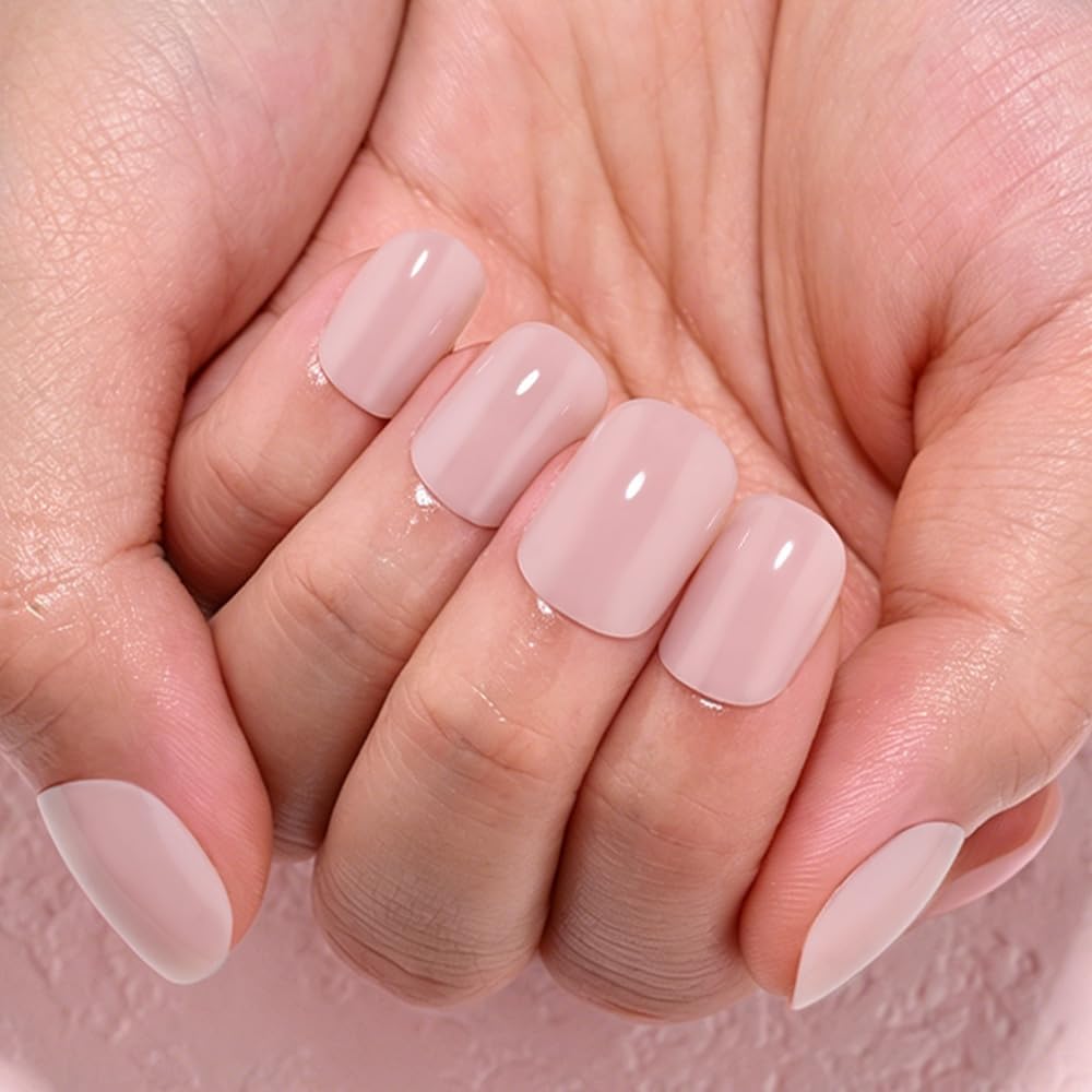 evpct Soft Pink Glossy Squoval Short Press on Nails for Women, Pink Extra Short Squoval No Glue Stick on Nails with Kit, Reusable Full Cover Soft Press on Acrylic Fake Nail Salon-quality Perfectly Fit