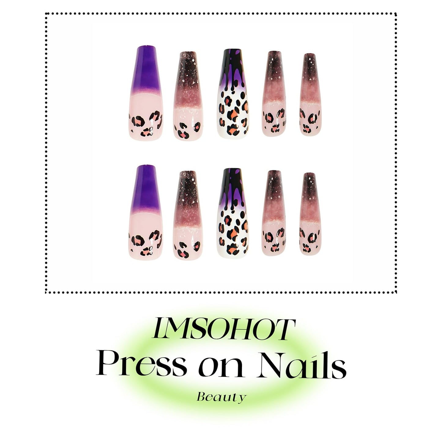 IMSOHOT Leopard Print Press on Nails Long Coffin Fake Nails Purple Gradient Acrylic Glossy False Nails Glitter Ballerina Full Cover Stick on Nails for Women Girls 24Pcs