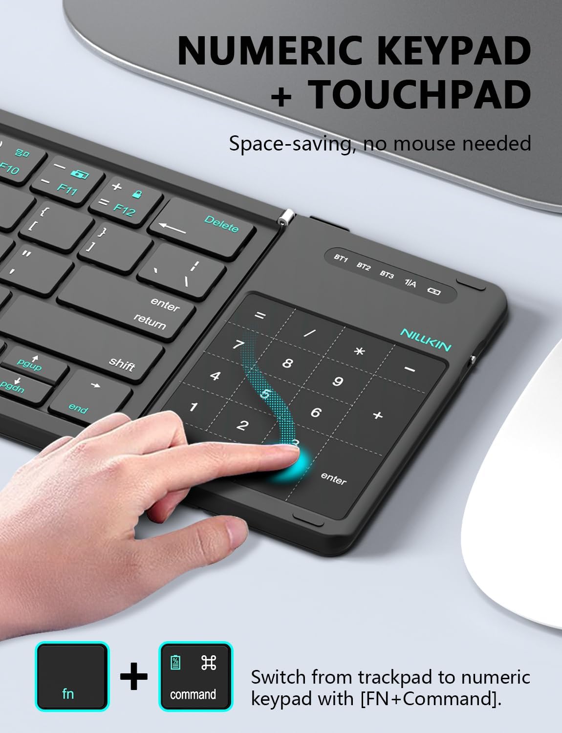 Nillkin Foldable Keyboard with Touchpad, Bluetooth Keyboard with Number Pad, Full Size Keys, Large Trackpad Small Travel Portable Keyboards for iPad Laptop PC Tablets -Black
