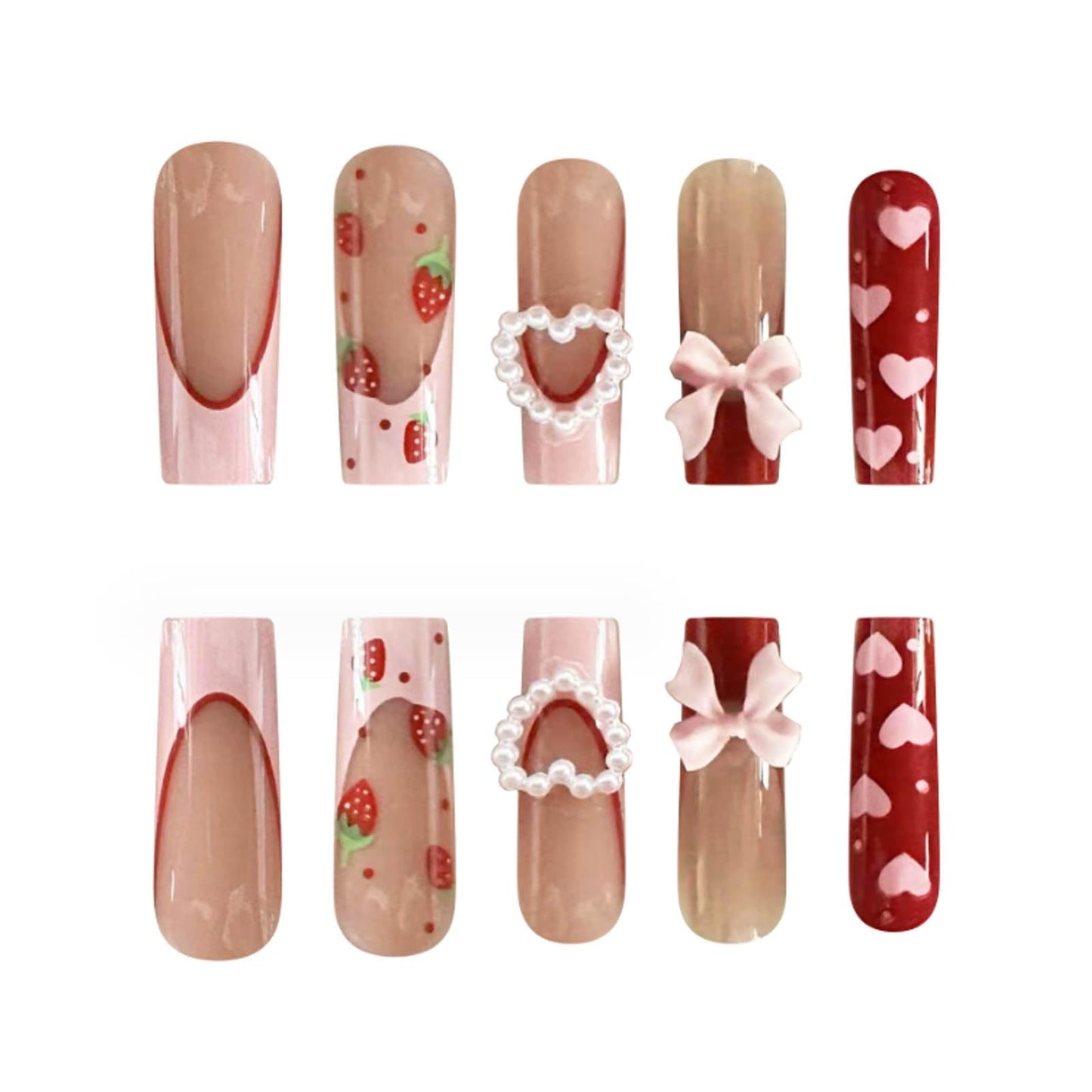 Hkanlre Pink Heart Press on Nails Coffin Long Fake Nails Tips Full Cover Square False Nails for Women and Girls 24PCS