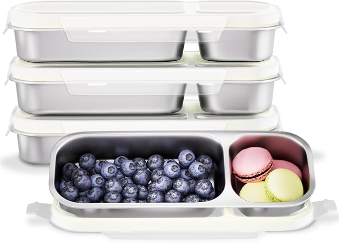 Stainless Steel Snack Containers for Kids Adults, 4 Pack 2 Compartment Metal Snack Containers Box with Lid, Reusable Food Storage Container, Leak Proof, Grab and Go