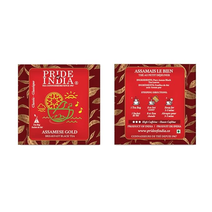 Pride of India | Assamese Gold English Breakfast Blend | 15 Predium Pyramid Full Leaf Individually Wrapped Tea Bags | Full-Bodied, Strong & Malty Flavor | Single Estate Certified Classic Tea