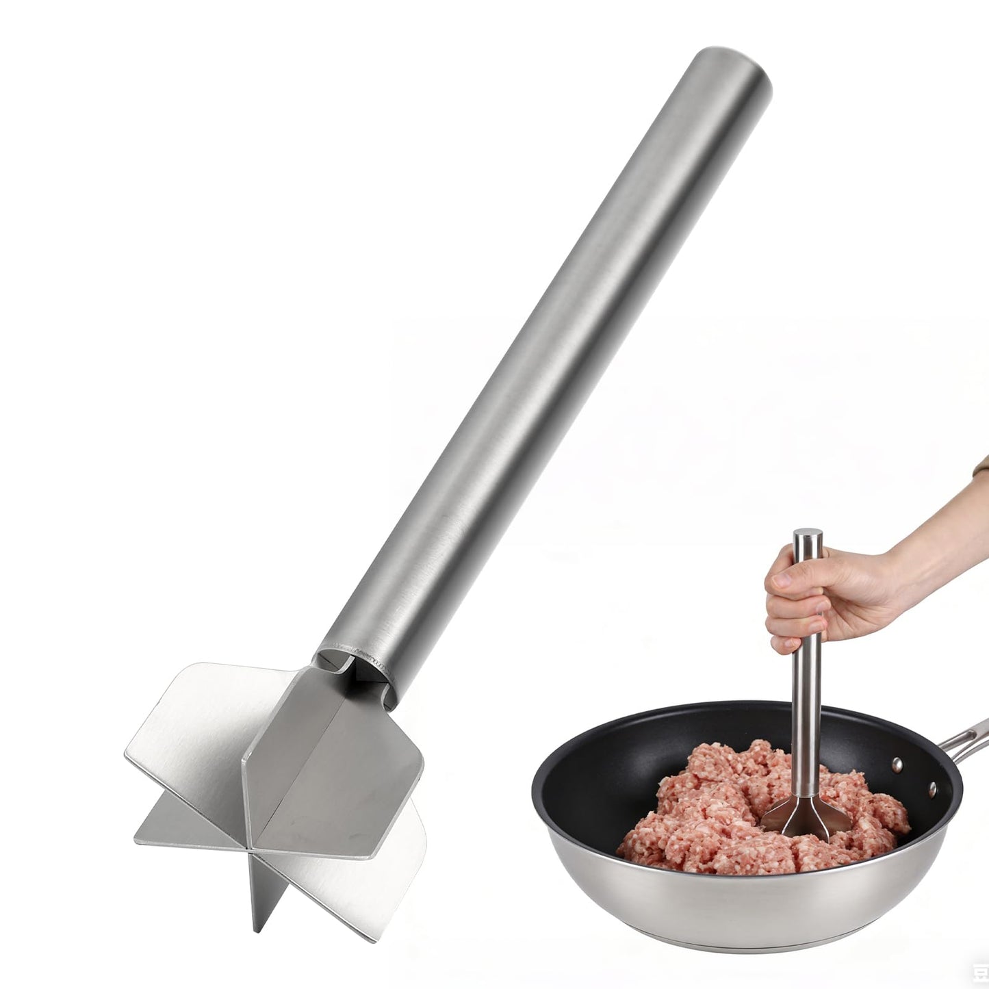 304 Stainless Steel Meat Chopper & Masher, Heavy Duty Food Grade 6-Blade Ground Beef Smasher, Metal Hamburger Chopper Tool, Meat Masher for Ground Beef