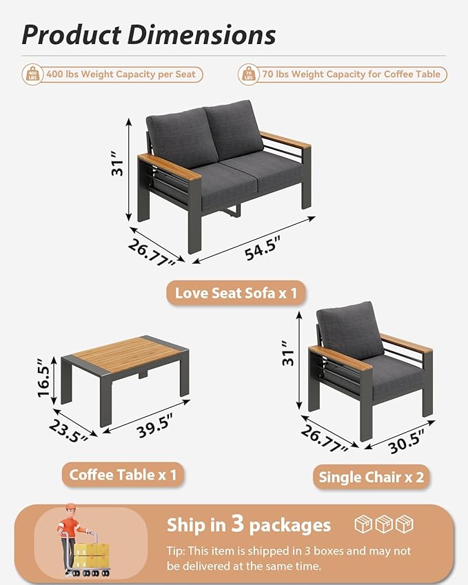 Aoxun Aluminum Outdoor Patio Furniture Set, 4 Seats Outdoor Sectional with Coffee Table, Patio Conversation Sets with Upgraded Armrests and Cushions for Backyard, Garden and Poolside