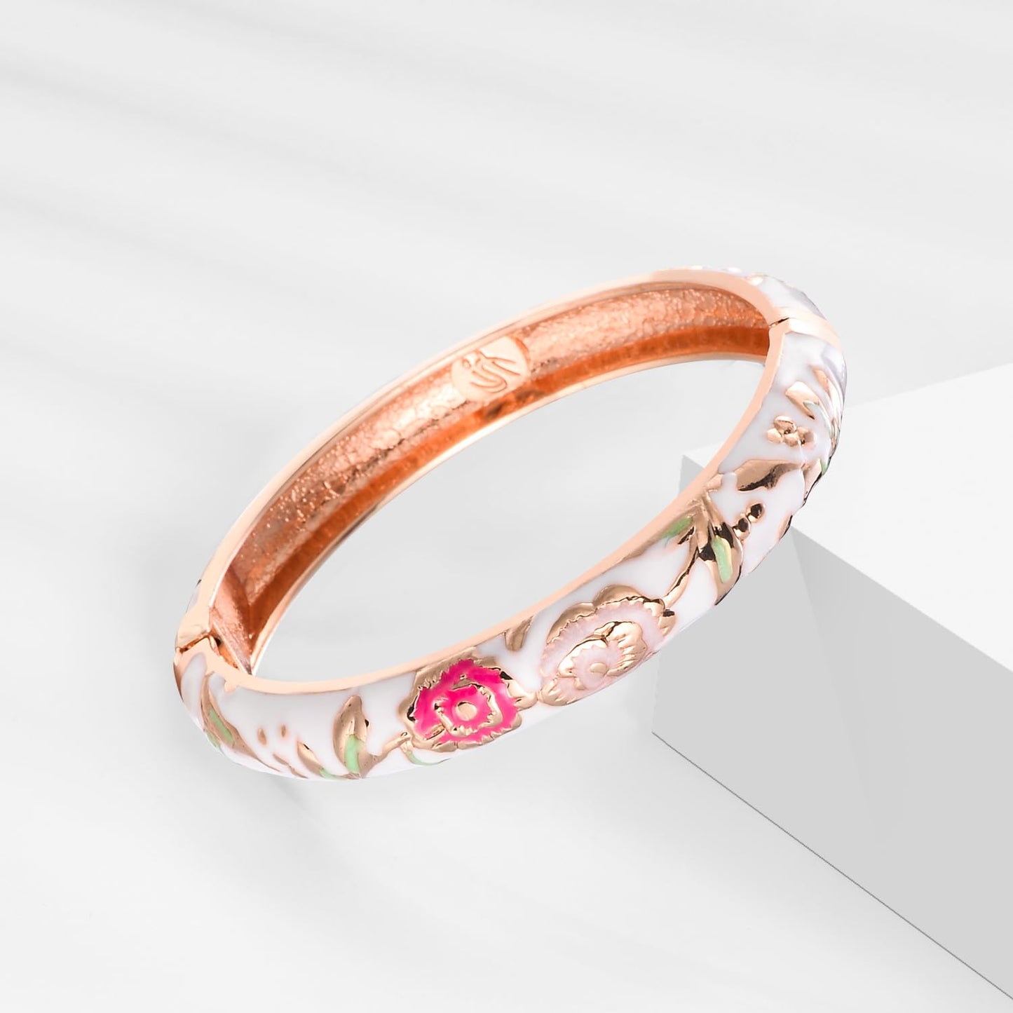 UJOY Fashion Cloisonne Bracelets Set Plated Enameled Jewelry Spring Hinged Metal Cuff Bangles Gift Box Packed 55A106-55A113 White Rose