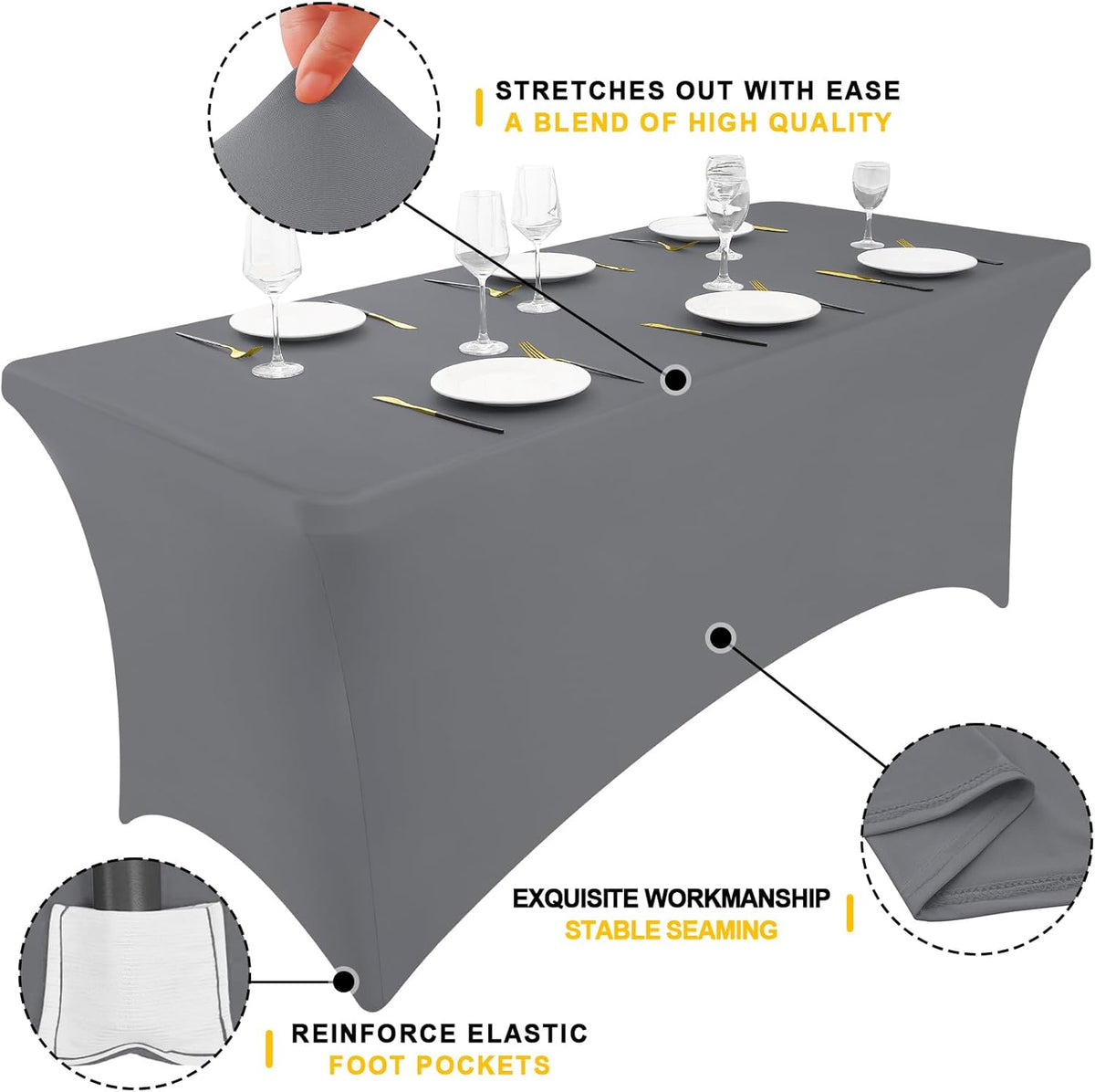 Smiry 2 Pack Spandex Table Cloth 5FT, Elastic Fitted Stretch Tablecloths, Washable and Wrinkle Free Rectangular Patio Table Cover for Outdoor, Wedding, Banquet & Parties (Grey, 60Lx30Wx30H Inch)