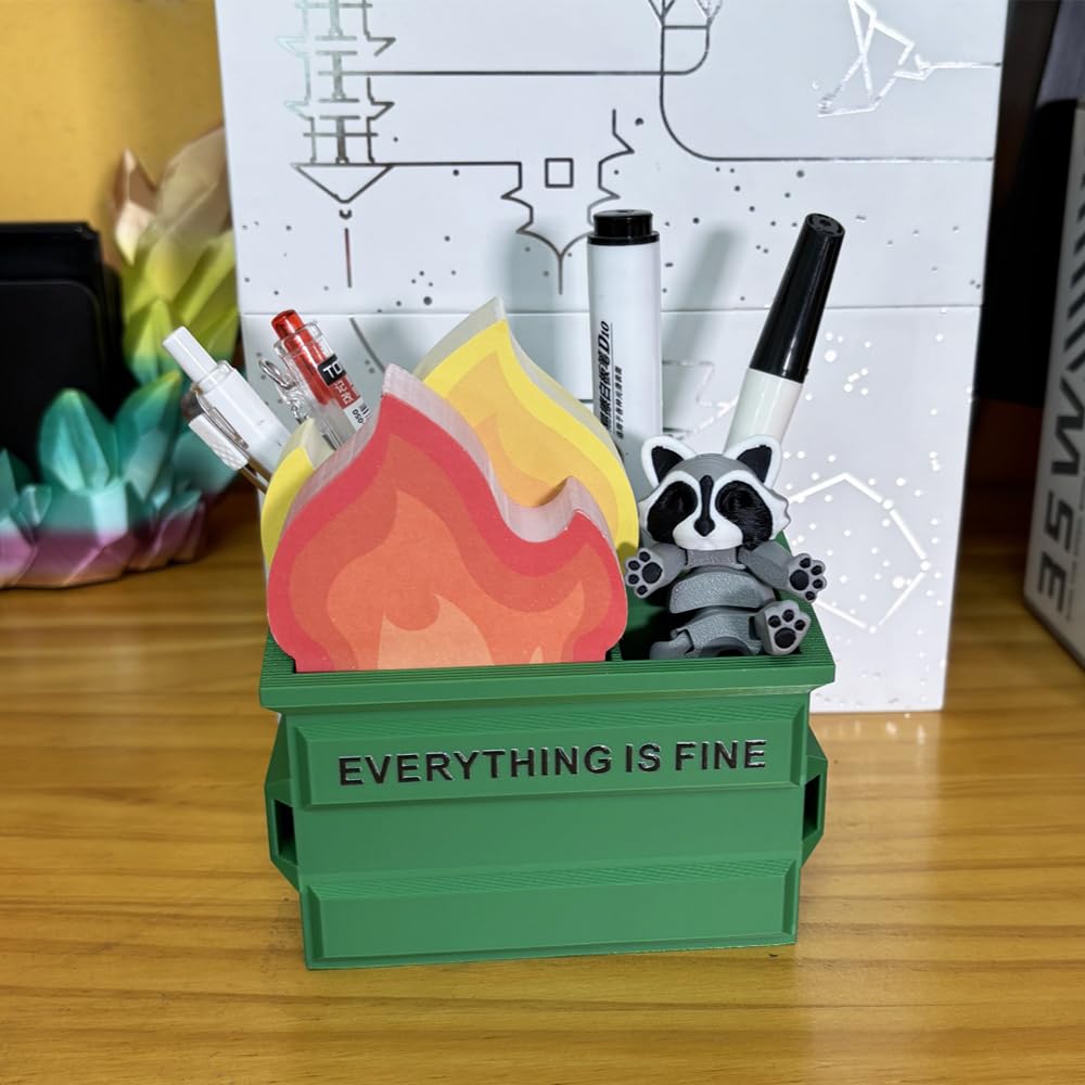 Infmetry Funny Garbage Can Fire Pen Holder with 300 Sticky Notes – Cute Desk Organizer for Office, White Elephant Gag Gift for Coworkers, Men, Women – Unique Office Supplies & Decor