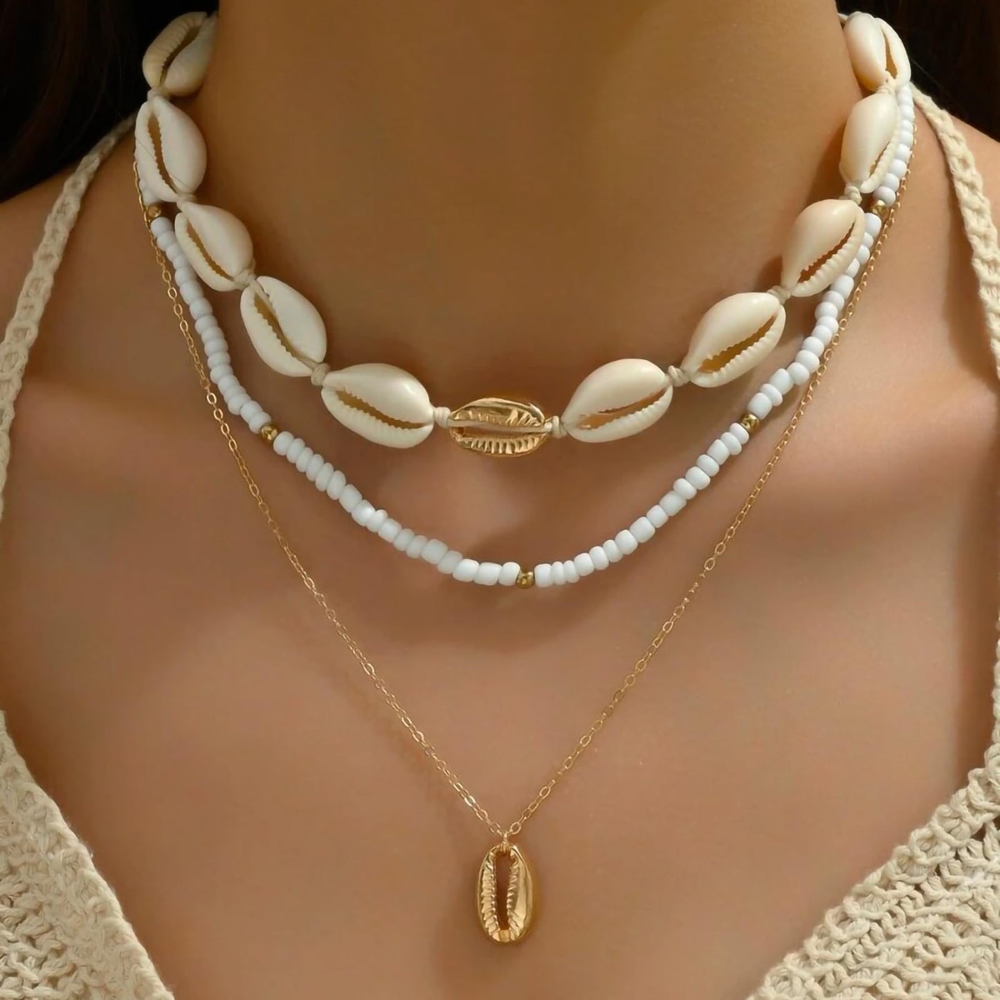 Nackiy Handmade Sea Shell Necklace Choker For Women Summer Adjustable Natural Shell Collar Necklace (Beige Braided Rope) (3 Layer)