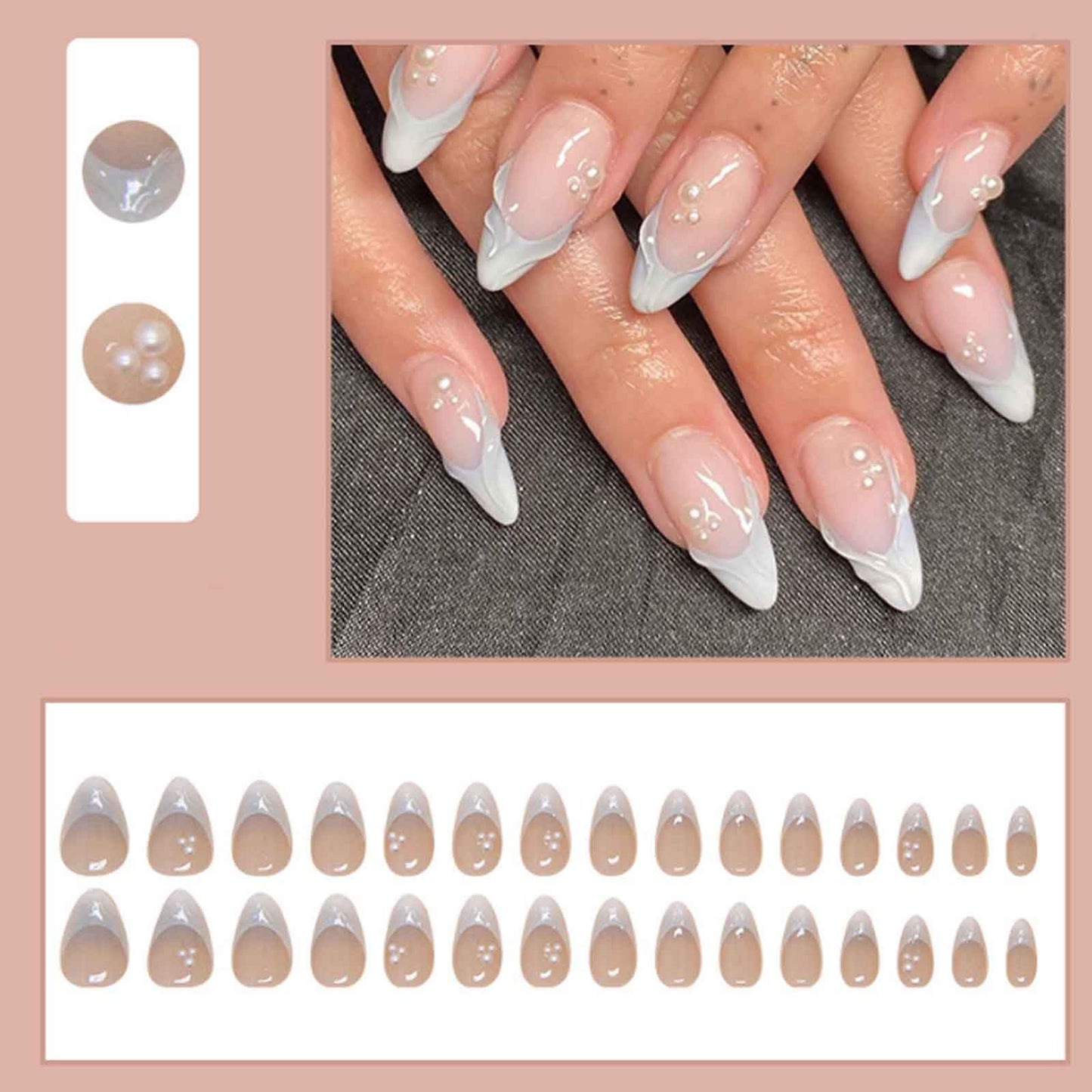 Hkanlre Almond Fake Nude Nails Tips Full Cover False Medium Nails Summer Flower Press on Nails for Women 24PCS