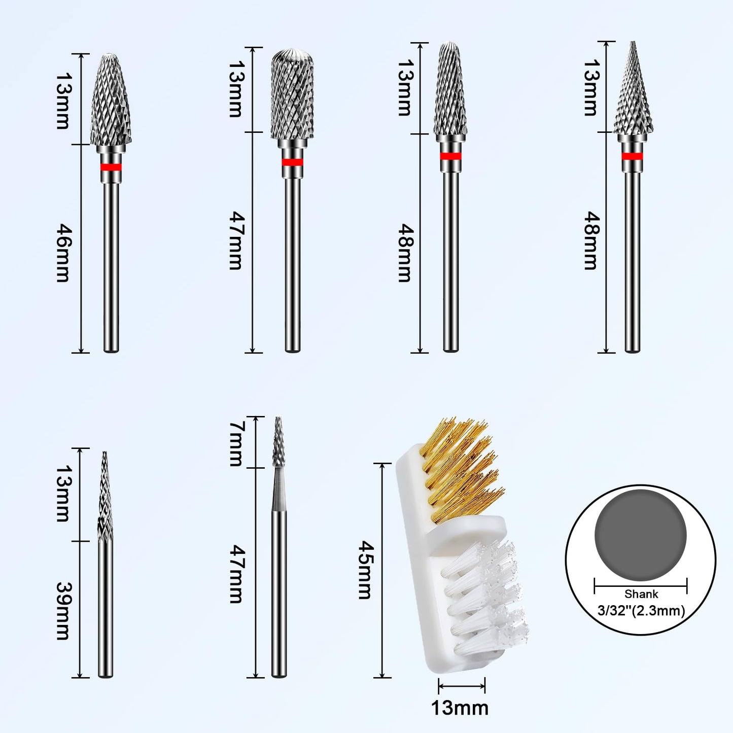 Diesisa 6 Pack Nail Drill Bits for Acrylic Nails, 3/32"" Shank Drill Bits for Nails, Professional Electric Cuticle Bit for Nail Drill, Cuticle Cleaner Nail Gel Polish Remover Tool for Home Salon-Red