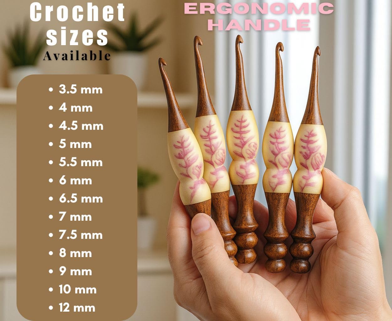 Resin Floral Crochet Hook Set – Ergonomic Wooden Handle with Handcrafted Flower Design, Comfortable Grip Crochet Needles for Knitting & DIY Craft Projects (Brown, 5 mm)