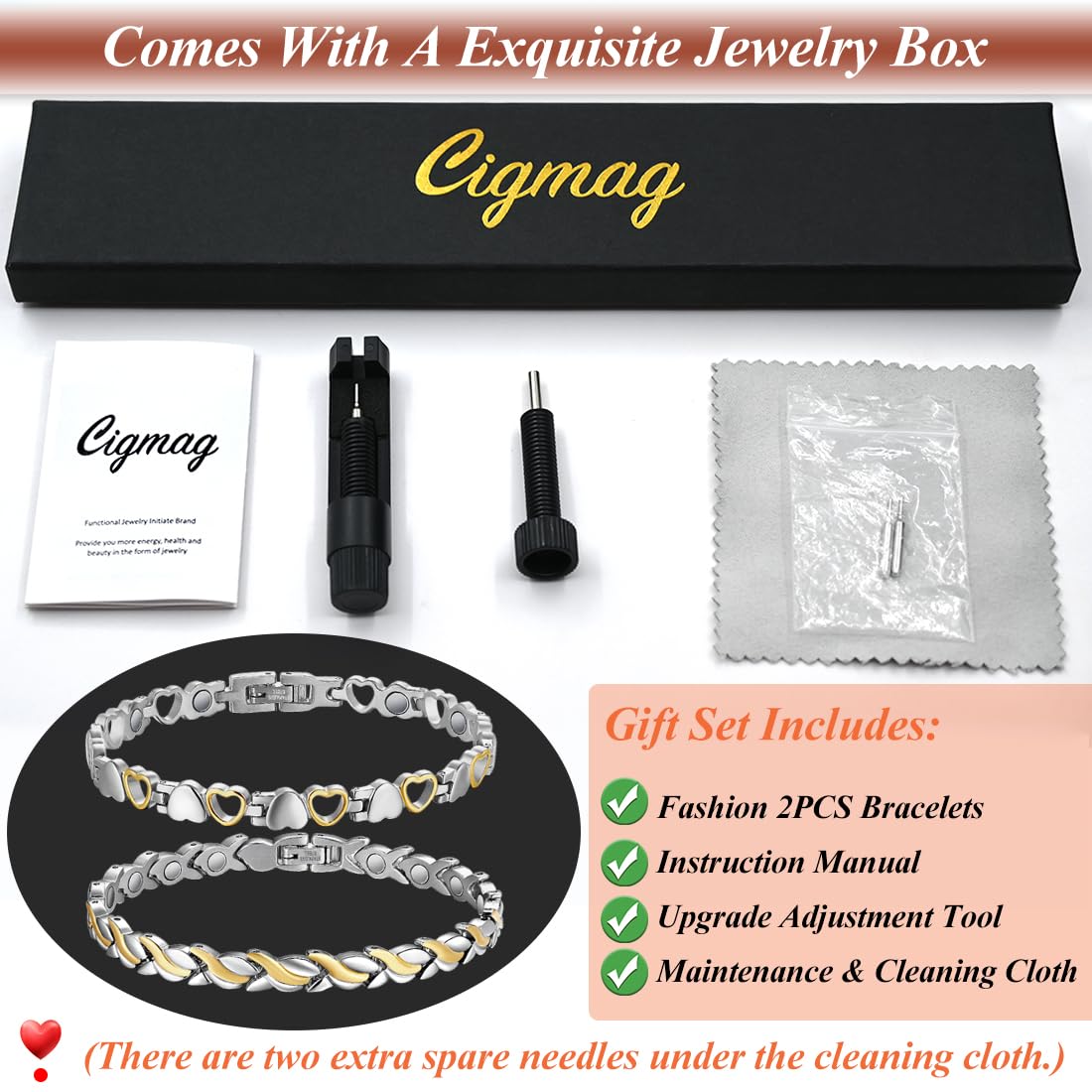 Cigmag Magnetic Bracelets for Women Titanium Bracelet Strength Magnet with Adjustable Tool (2 PCS)