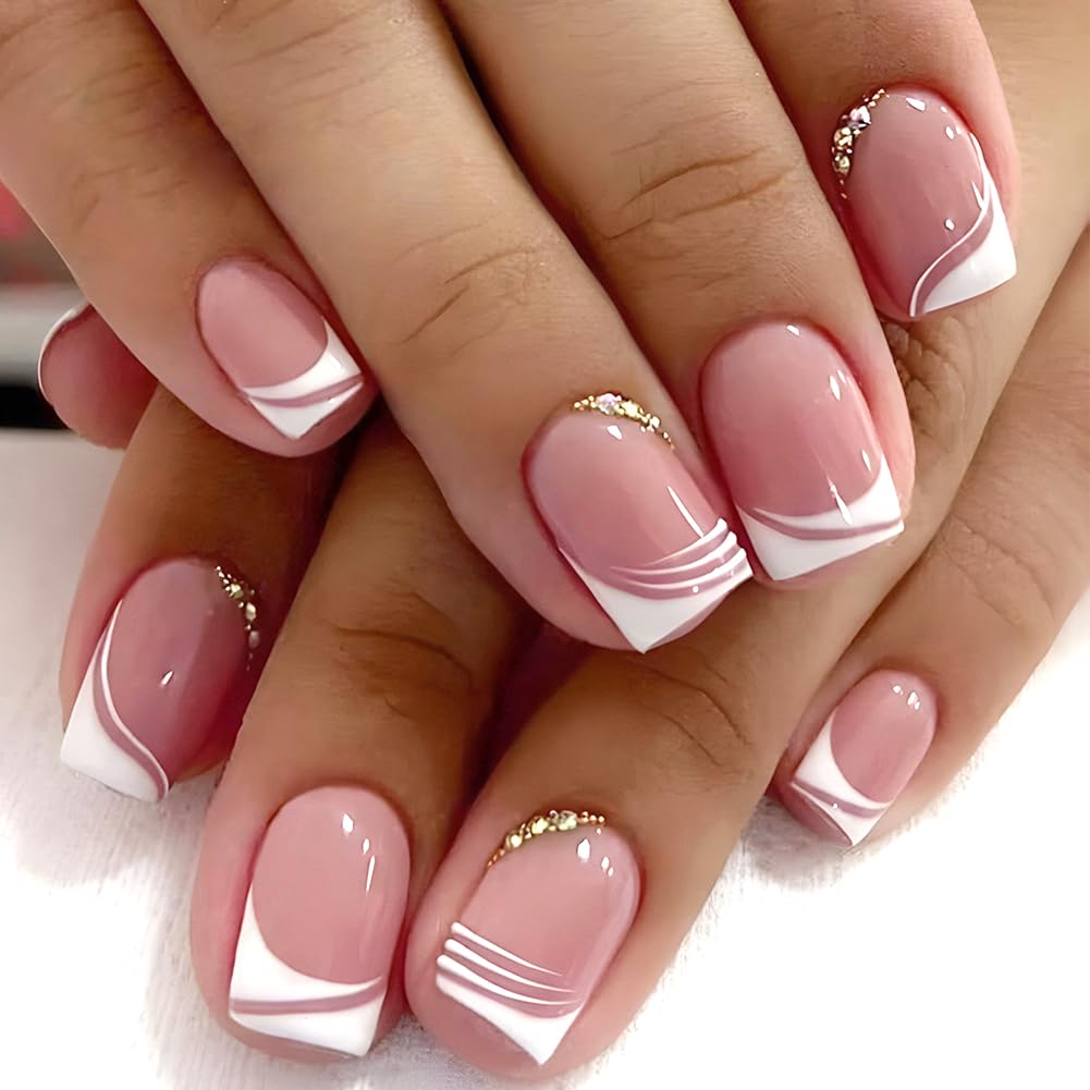 Extra Short Press On Nails 24Pcs Glue On Nails Square Short Fake Nails Glossy False Nails with White French Tip&Diamond Press Ons Designs Artificial Stick on Nails for Women