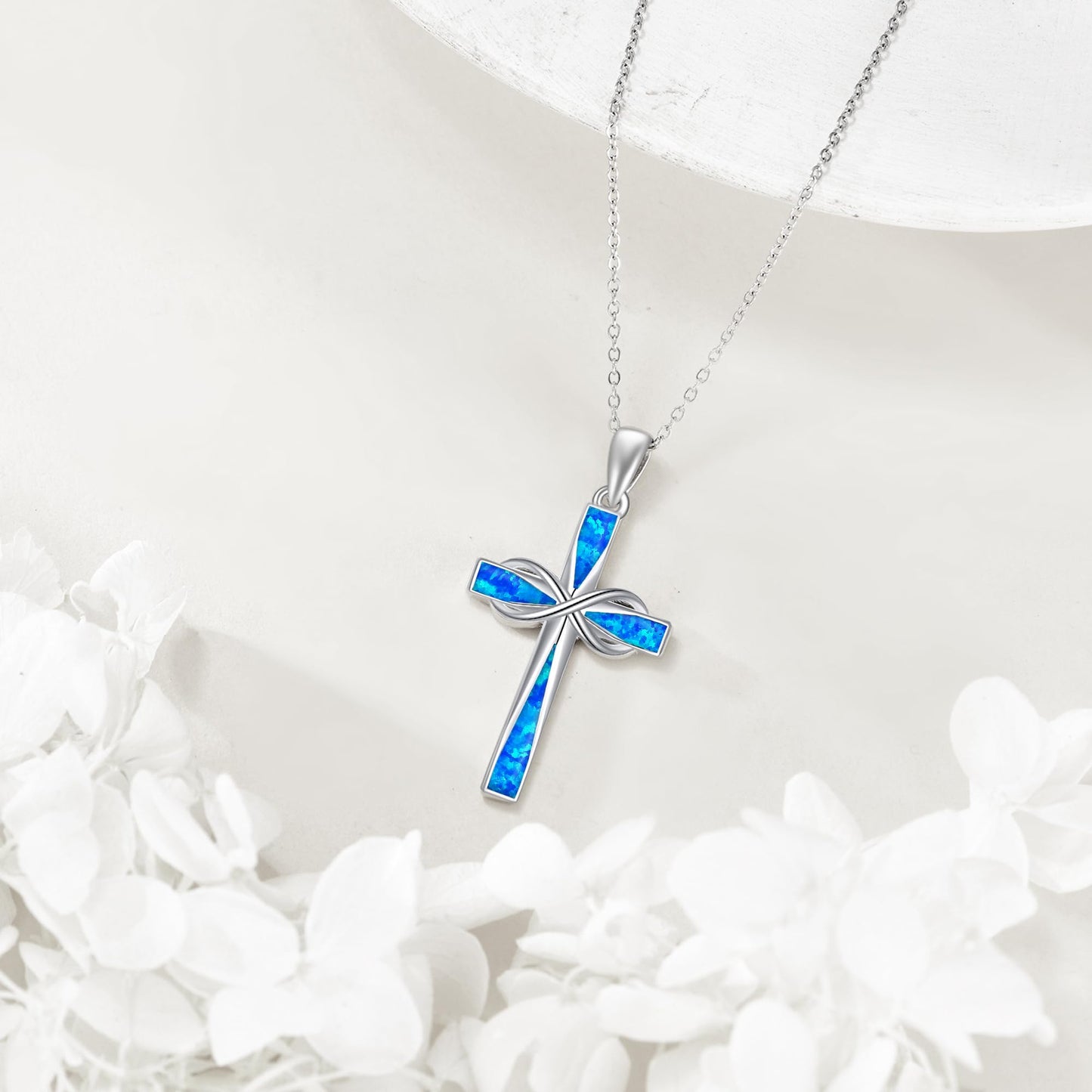 ONEFINITY Infinity Cross Necklace 925 Sterling Silver Blue Opal Pendant Necklace Cross Jewelry Gifts For Women Men