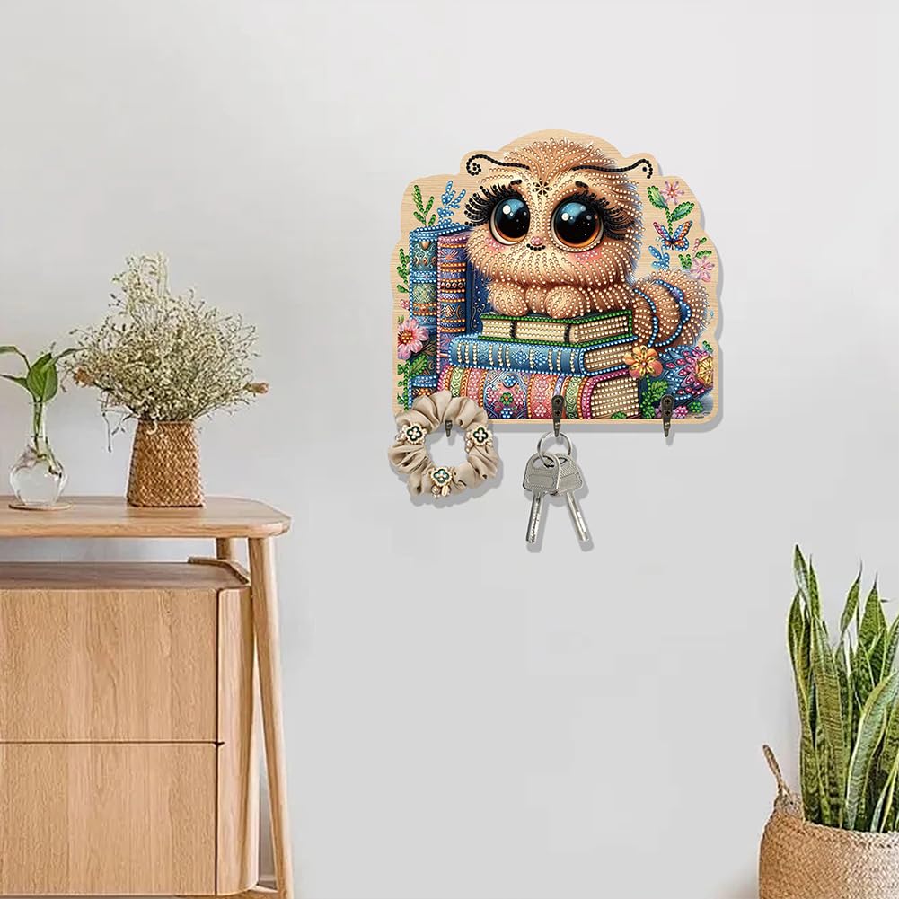 Diamond Art Pianting Key Holder, Cute Caterpillar Wall Organizer with 3 Hooks & Adhesive Backing, DIY Entryway Decor for Keys, Unique Functional Craft Gift for Women, Home Office Organization