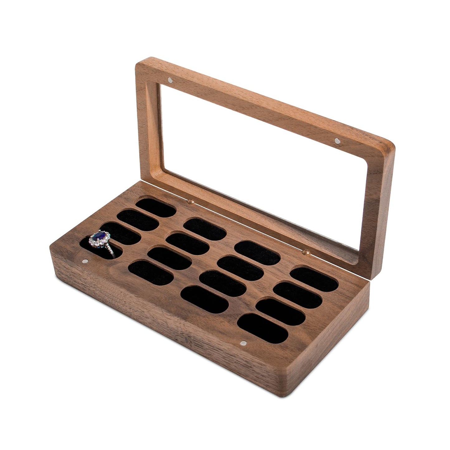Wislist Luxury Solid Walnut Wood Ring Box with Glass Window - Ring case Jewelry Tray Jewelry Organizer for Rings, Studs & Earrings - Ideal for Store Display, Jewelry Showcases, Home Use & Gift Ideas