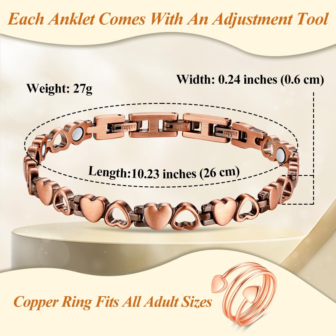 Vicmag Copper Anklet for Women Magnetic Ankle Bracelet with Ultra Strength Magnets 99.9% Solid Copper Gift for Her (Adjustable)