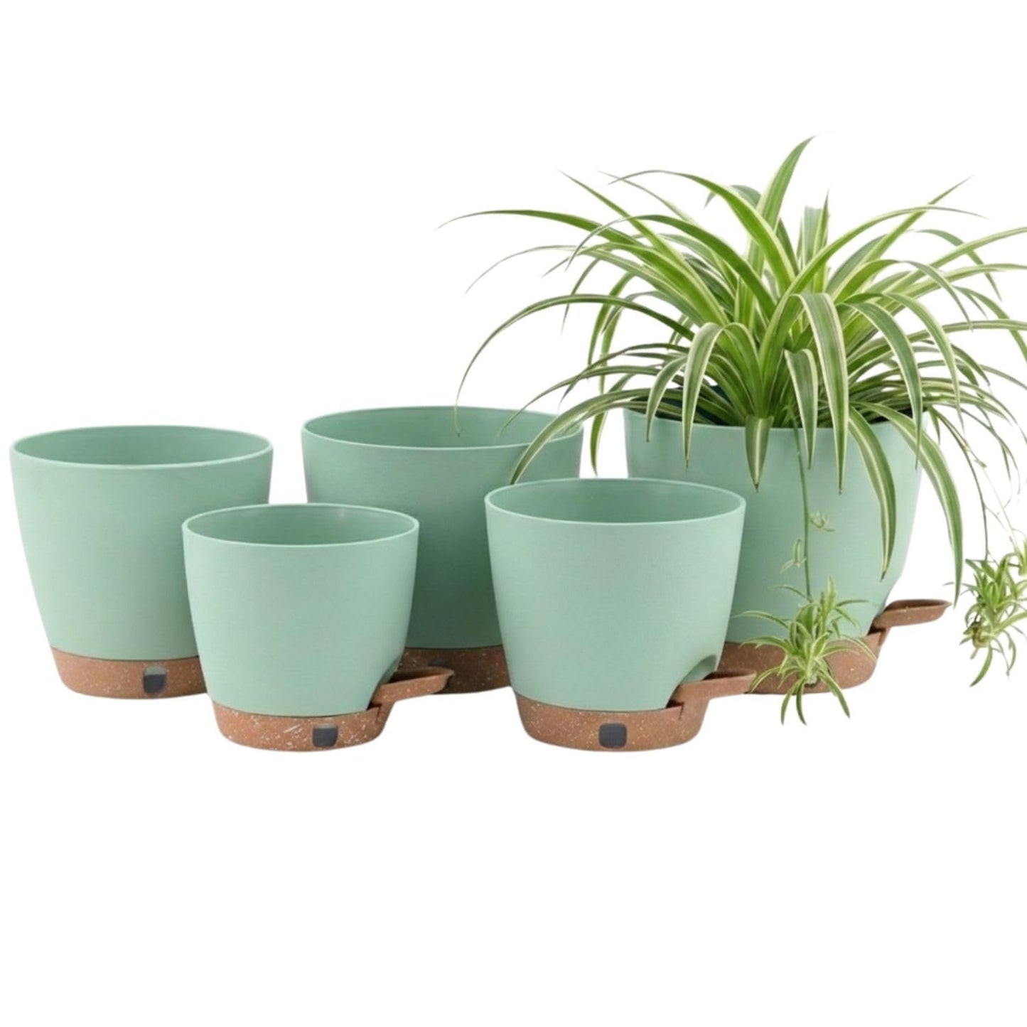 montresor 5 Pack Green 5/5.5/6/6.5/7 Inch Self Watering Planters for Outdoor, Plastic Plant Pots with Wick & Drainage, Small to Medium Indoor Pots for Snake Plant, Aloe