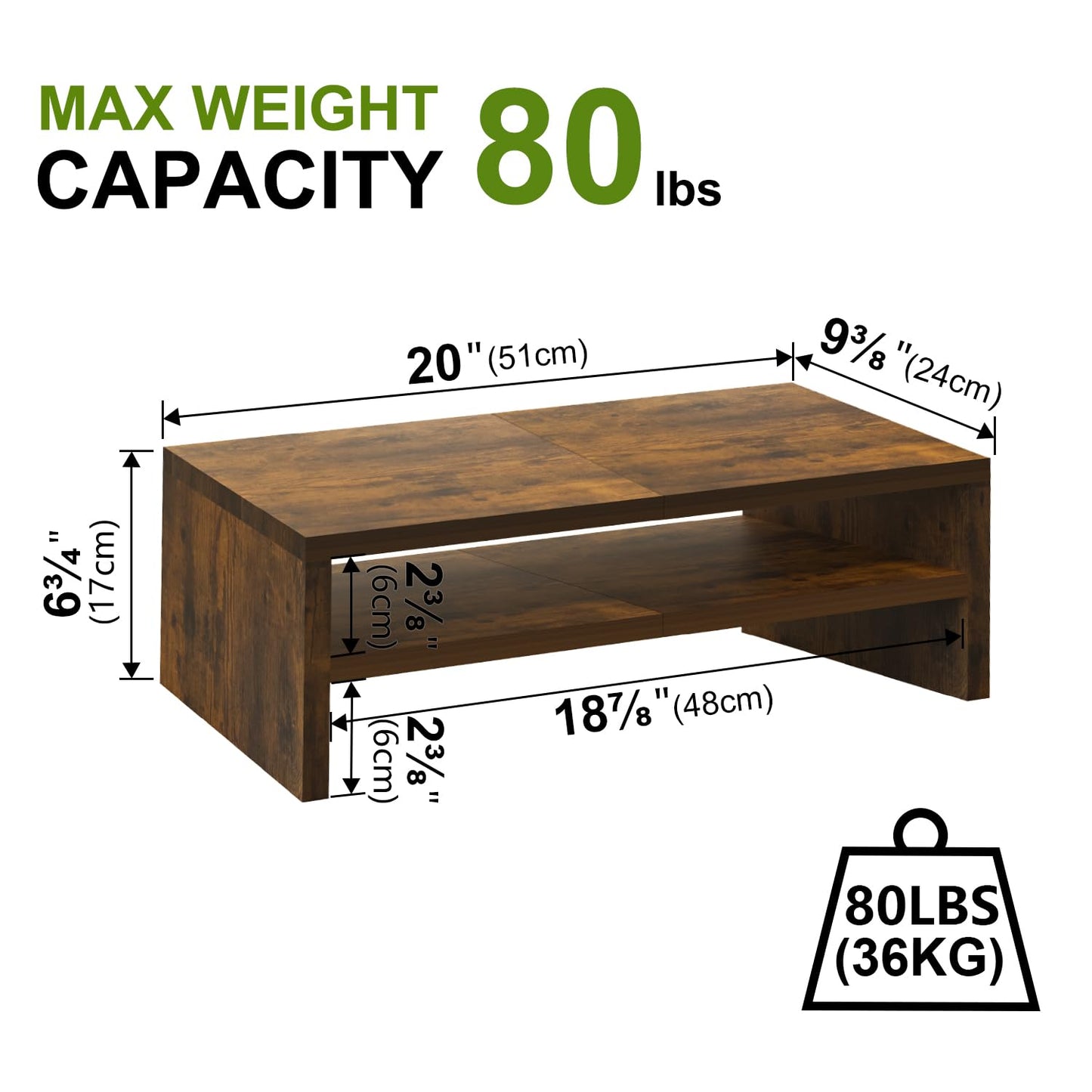 TEAMIX 2 Tier Wooden Monitor Riser Stand, Desktop Stand with storage for Laptop/PC/Printer/Keyboard, TV Stand Shelf Home Office Desk Accessories