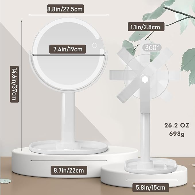 Makeup Mirror with Lights, Lighted Makeup Mirror 1x/10X Magnifying Mirror, Rechargeable 3 Color Lights & Adjustable Brightness LED Vanity Mirror, 360° Rotation Detachable Travel Make Up (White)