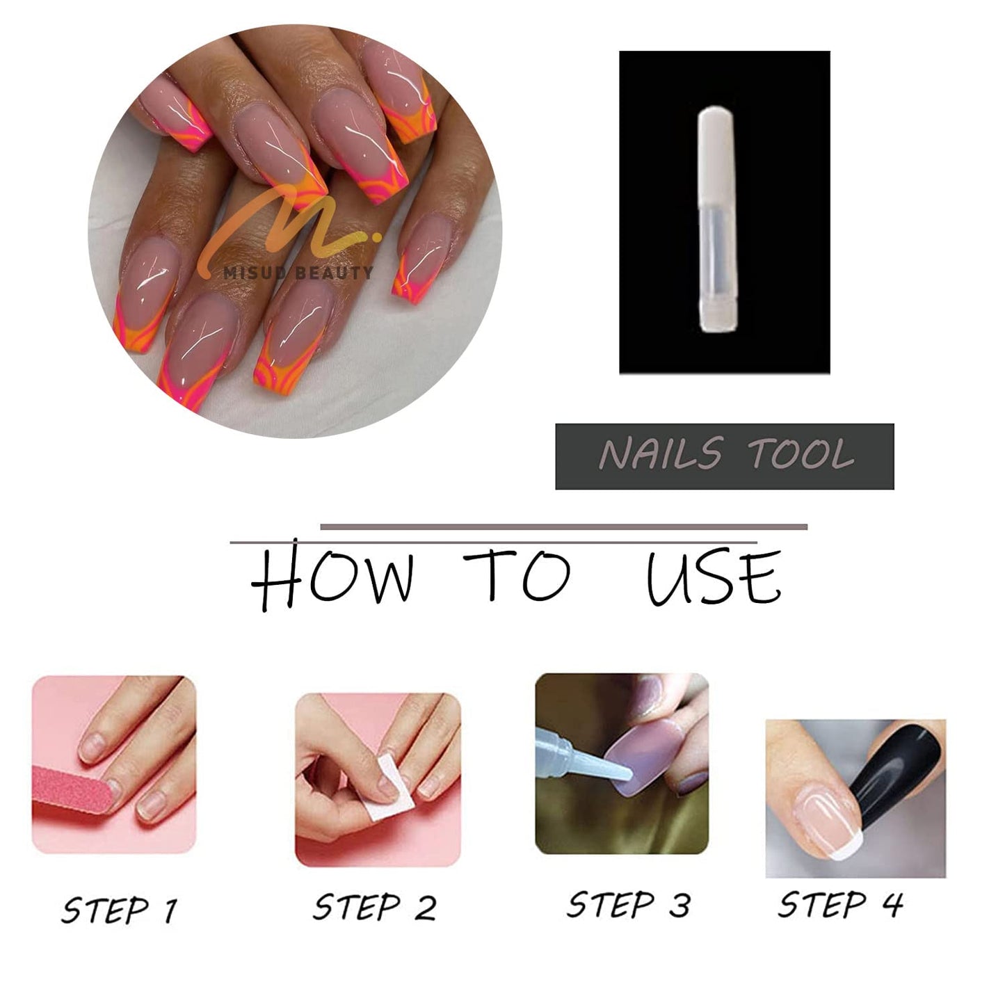 MISUD Press on Nails - Long Coffin Glue on Nails with French Tip, Acrylic Summer Orange Design 24 pcs