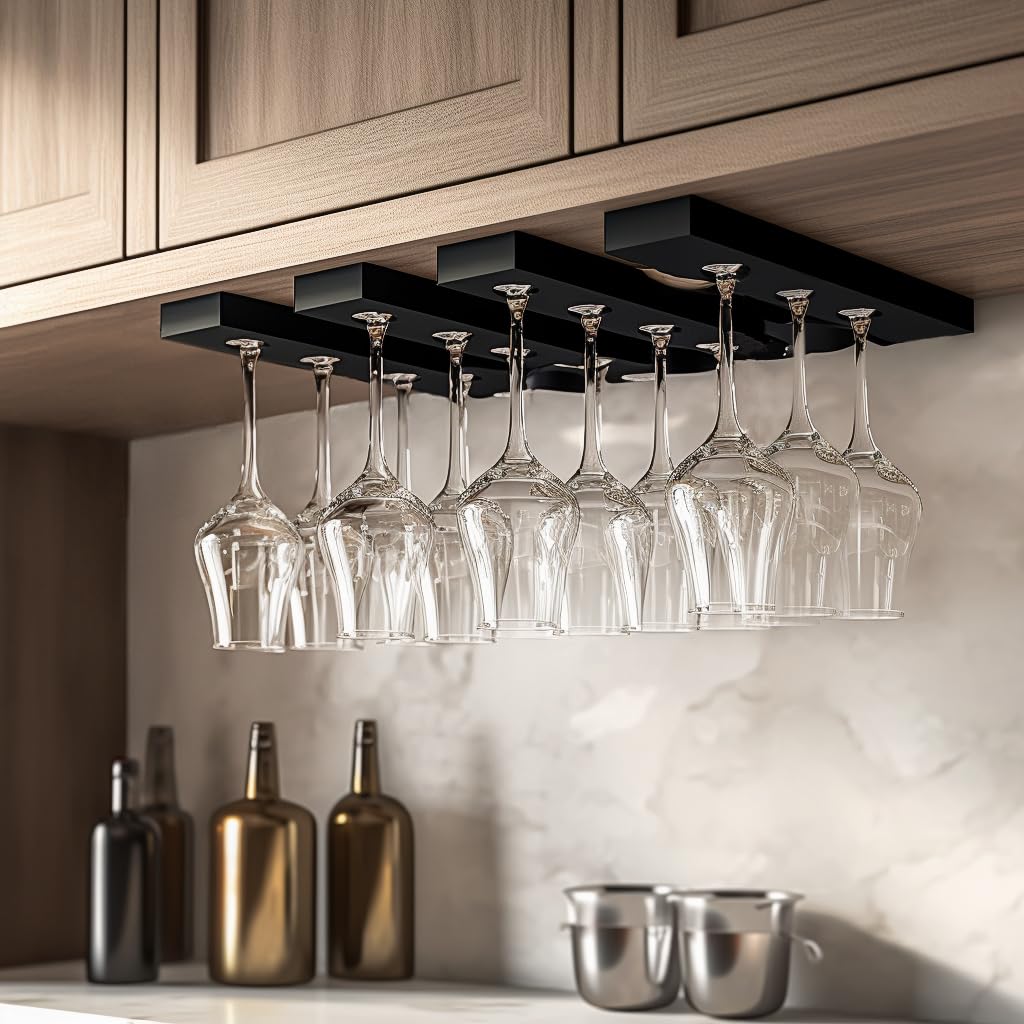 AQJUNONG 2 Pack Wine Glass Rack, No Drilling Under Cabinet Stemware Rack Organizer Hanger for Bar and Kitchen Cabinet (Classic Black)