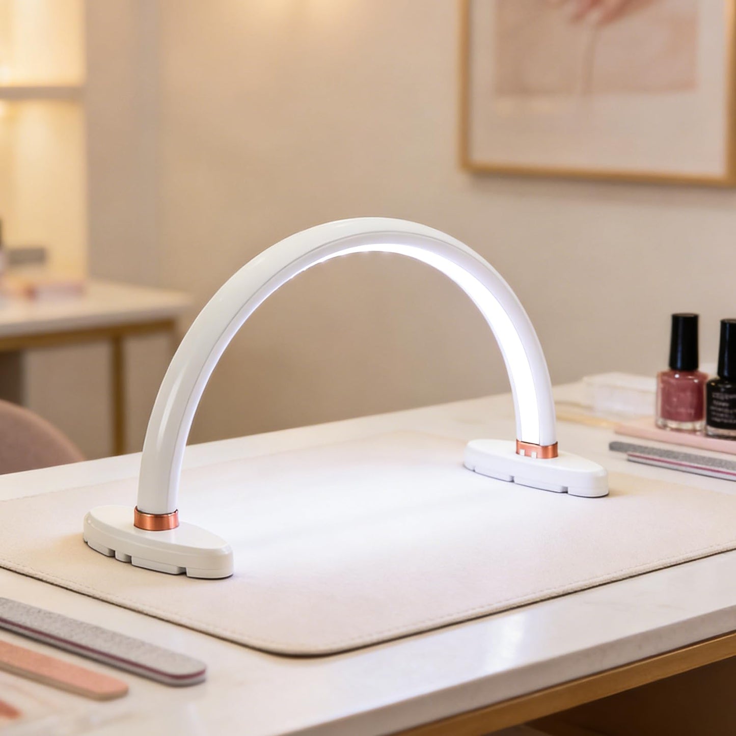 BZJ 16 inch Half Moon Light for Nail Desk Portable Nail Light with Liftable Base Desk Lamp No Flicker & Shadow for Desk Salon Table Use, 3 Color Temperature