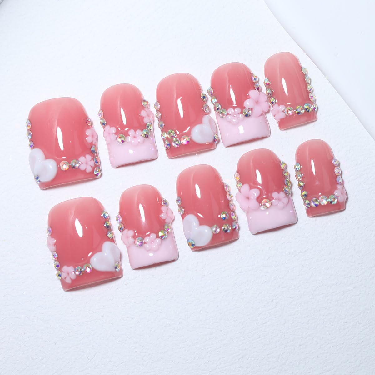 10Pcs Short Square Handmade Press On Nails | Easy Apply & Remove, Reusable Salon Quality Nails | Sweet Blush Pink Fake Nails with 3D Heart, Floral & Rhinestone Accents (O904, S)