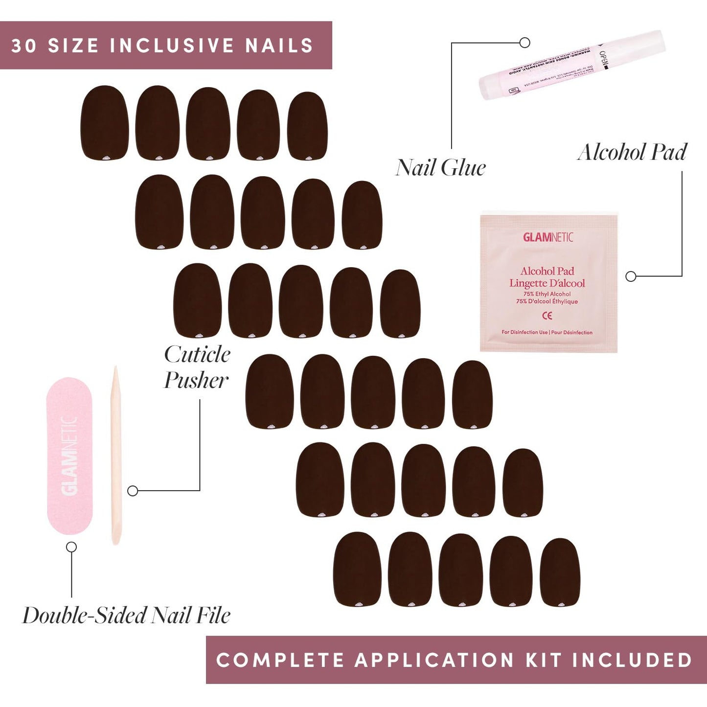 Glamnetic Press-On Nails - Bark Brown | Dark Brown Short Round False Nails | 15 Sizes - 30 Nail Kit with Glue and Remover