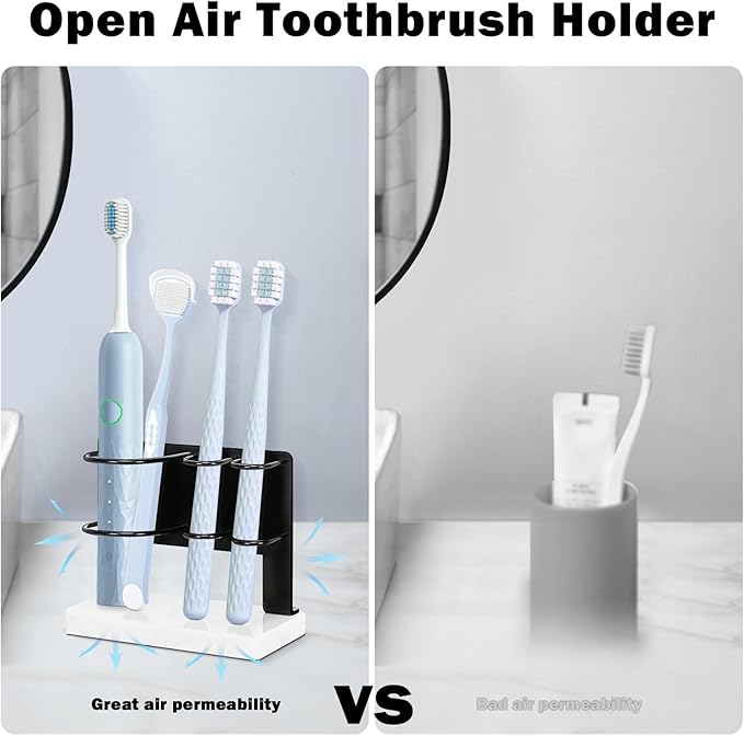 Toothbrush Holder for Bathroom Counter, Metal Toothbrush and Toothpaste Holder Stand with Marble Base for Bath Organizer Countertop, 3 Slots (Matte Black)