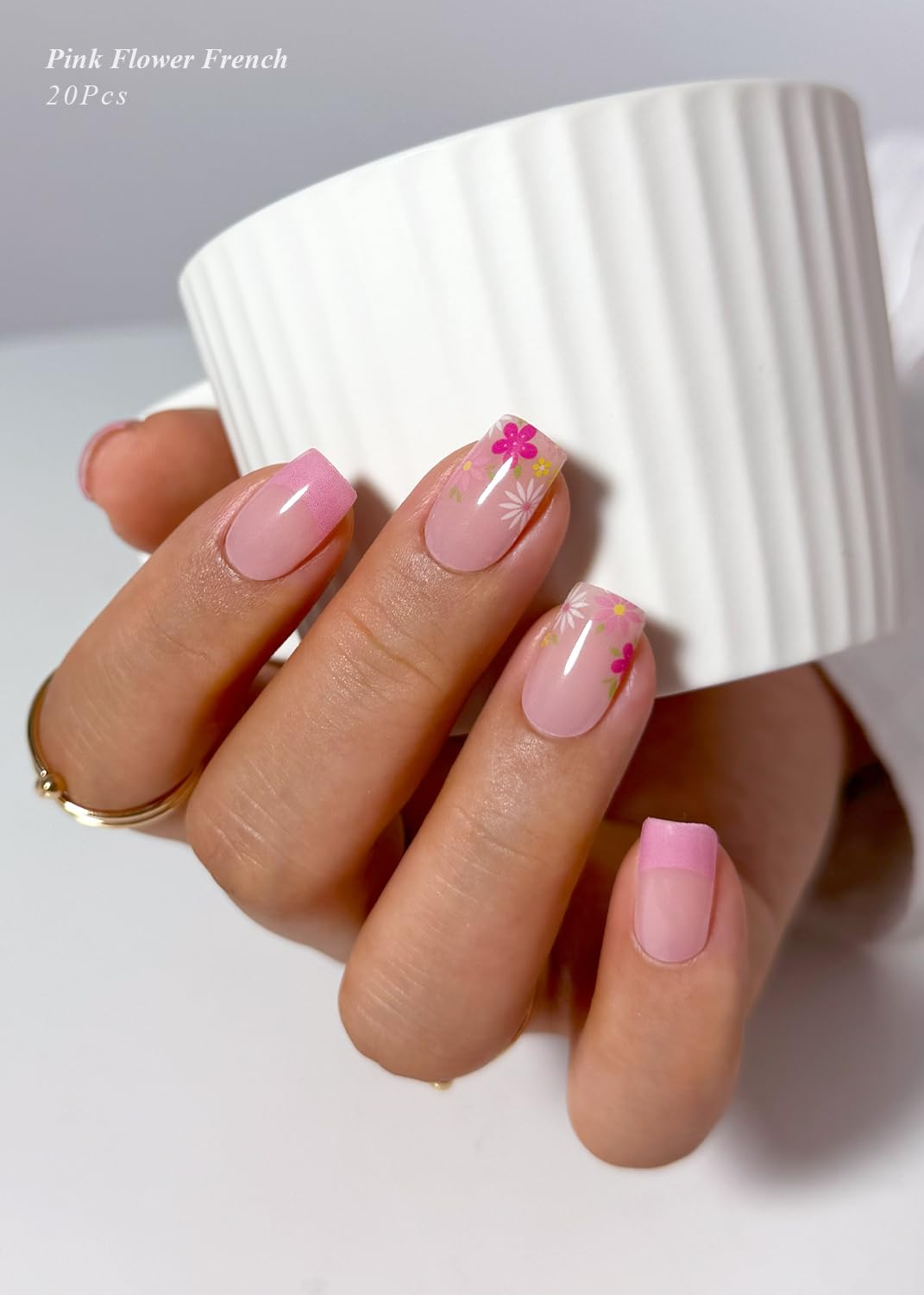 AutyaMee Semi Cured Gel Nail Strips (Pink Flower French), Summer, 20 Pcs Gel Nail Wraps, Stickers, UV Light Required, Salon Quality, Long Lasting