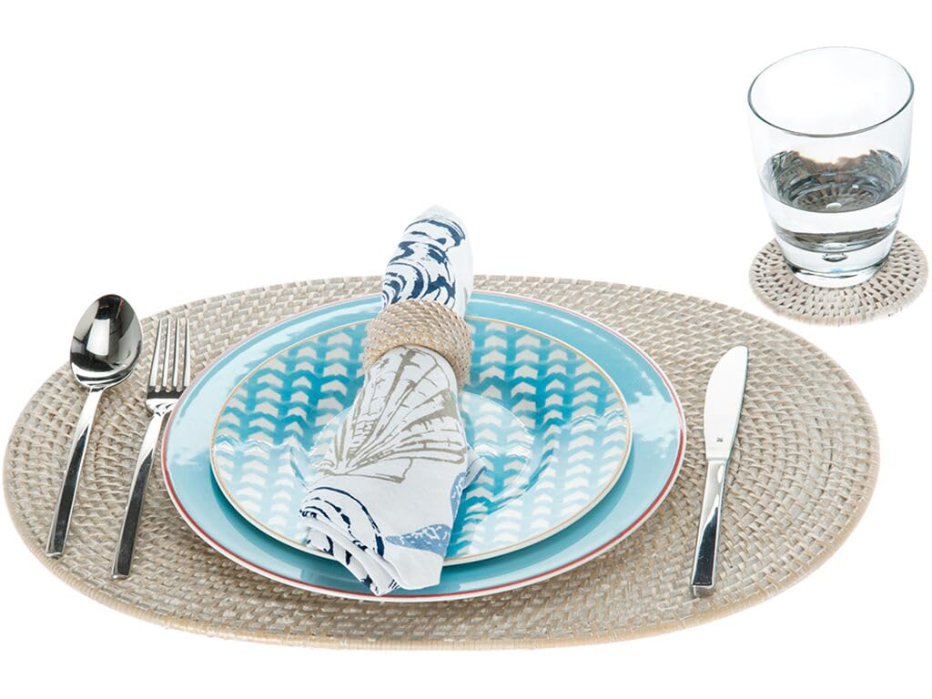 KOUBOO Laguna Table placemat, Round Table Mats Set, Woven Placemats, Boho Table Mats, Rustic Braided Wicker Table Mats Placemats, Kitchen Table Placemats, 15", Whitewash