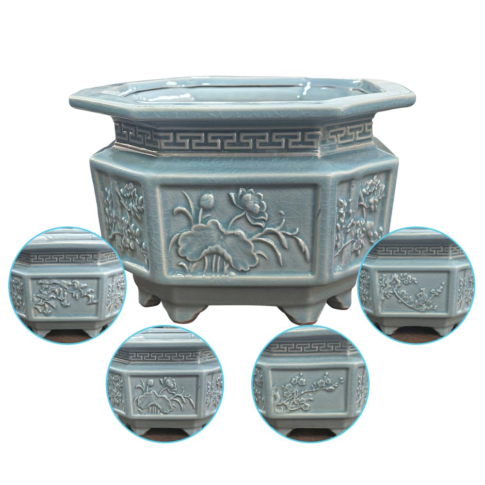 HUOMUSIR 8-Inch Large Octagon Bonsai Pot Light Blue Water Glaze Bonsai Tree Ceramic Flower Pot Handmade