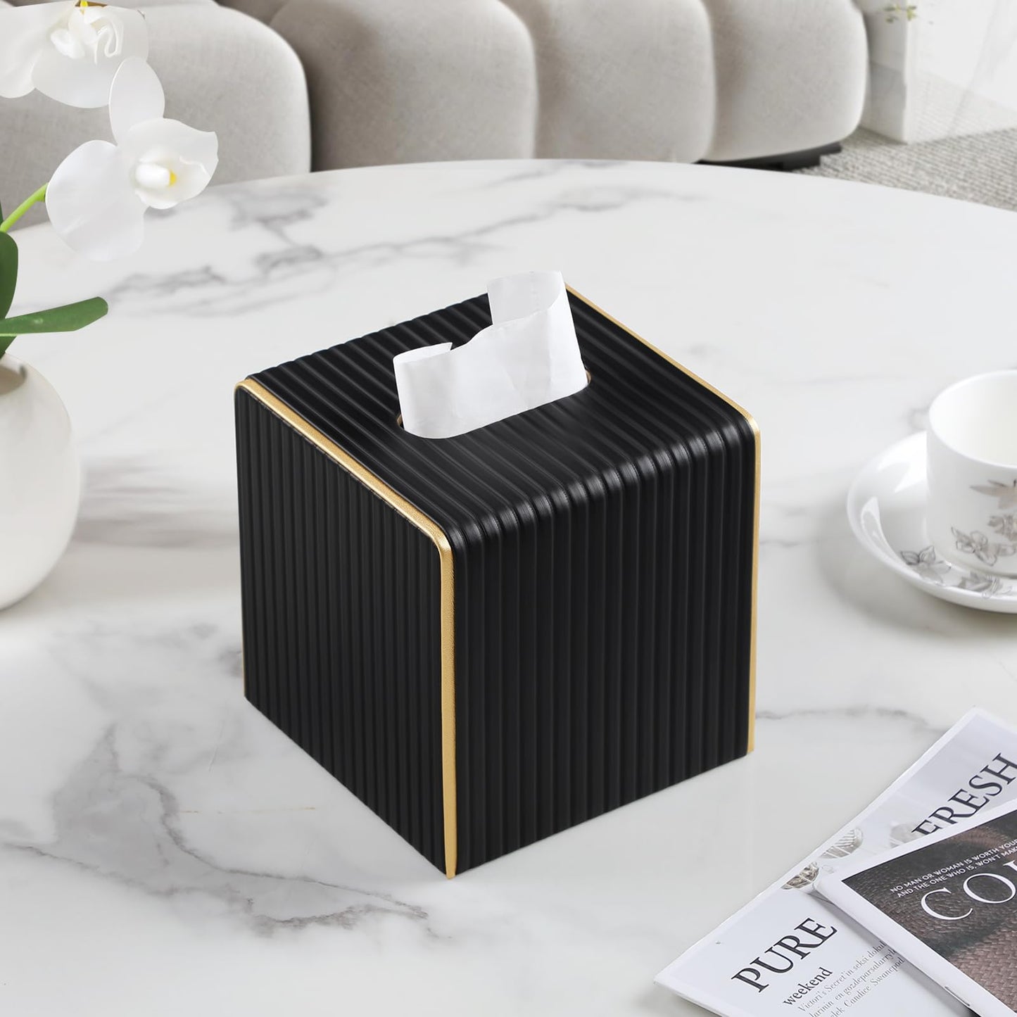 Square PU Leather Tissue Box Cover with Magnetic Closure, Decorative Tissue Holder & Storage Container for Bedroom, Living Room, Dining Room, Bathroom, Countertop, Desk & Office (Black)