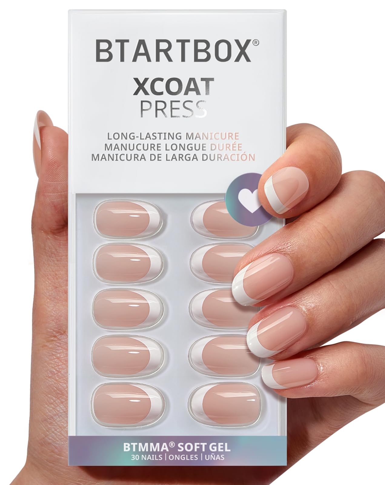 BTArtbox Press On Nails Short - Lamp-Curable Oval White French Tips Press On Nails with Glue for Women, Semi-Transparent Soft Gel Glue On Nails in 15 Sizes - 30 Stick On Nails Kit, Chic Twins