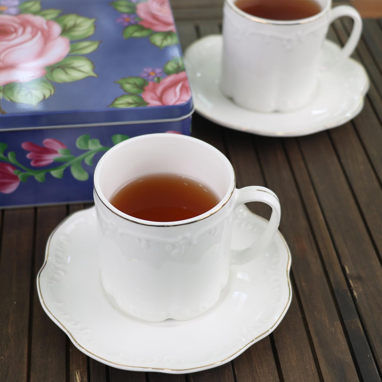 GuangYang 7oz Fine Porcelain Tea Cups and Saucers Set with Gold Trim – Elegant White Embossed Coffee & Tea Cup Set for Afternoon Tea, Cappuccino, Latte, Wedding or Gift
