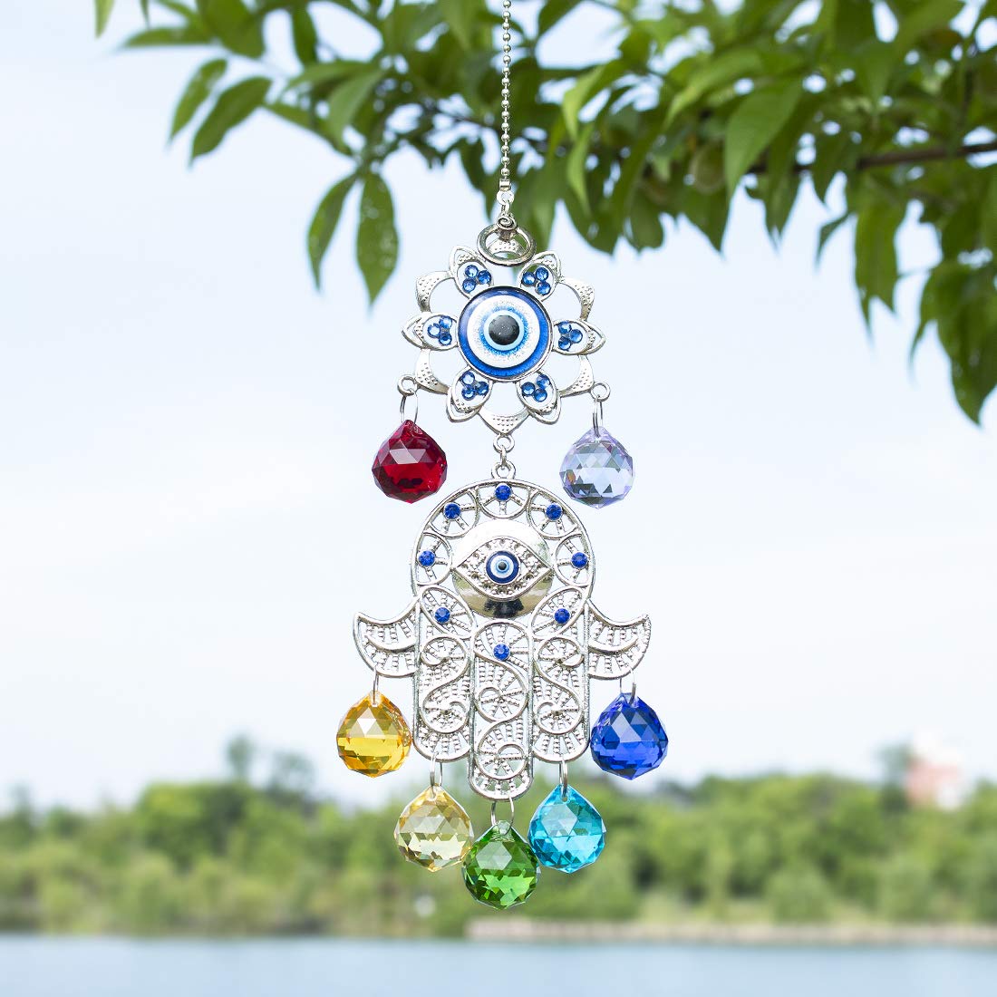 Hamsa Hand with Blue Evil Eye Protection Hanging Crystal Ornament with Chakra Energy Crystal Balls