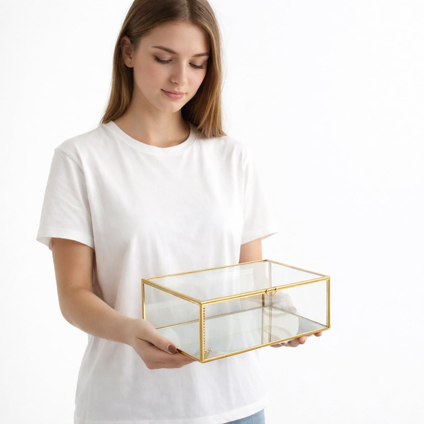 Feyarl Gold Glass Wedding Cards Display Box Keepsake Memory Photo Box Jewelry Trinket Rings Earrings Organizer Display Makeup Holder for Home Decor Wedding Engagement (10.8 x 7 x 3.9inch)