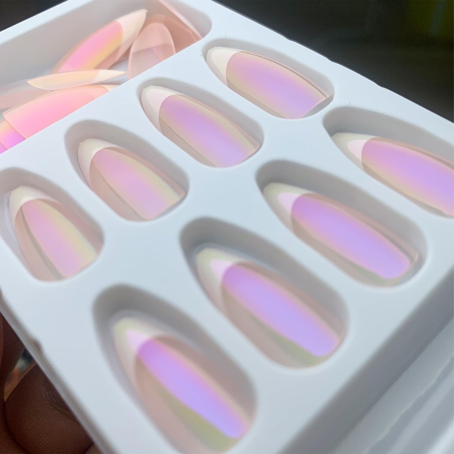 French Tips Press On Nails Almond Chrome Glossy Pearl Powder Full Cover Acrylic Nails with Mirror Glue Ons for Women - 24 Pcs