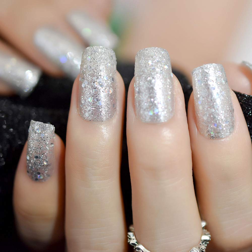 IKISKT Press On Nails - Shiny Glitter Tips | Bright Sliver White Gel Tip l UV Medium Square False Fake Nails, Reusable Glue | 10 Sizes - 24 Nail Kit