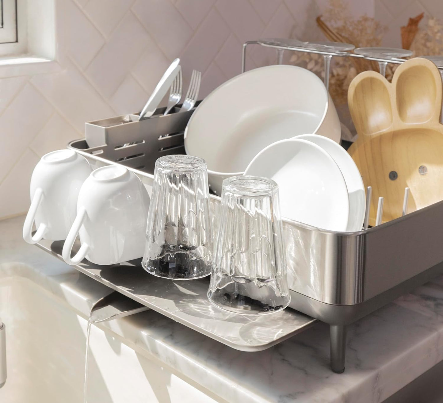 simplehuman Large Capacity Dish Drying Rack with Stainless Steel Frame, 360º Easy Drain Swivel Spout, Utensil & Wine Glass Holder, Anti-Residue Coating, Moisture Control Surface, Grey