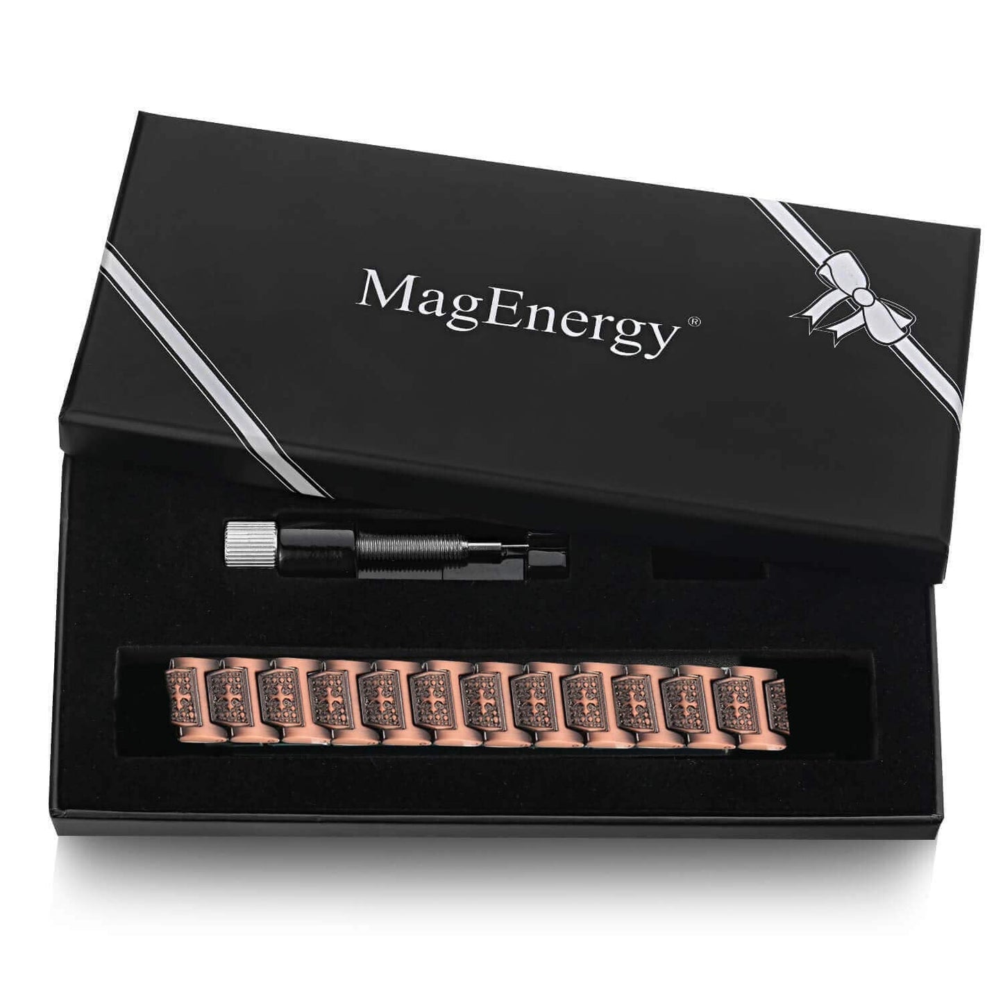 MagEnergy Copper Bracelet for Men, Cross Copper Magnetic Bracelet with Ultra Strength Magnets, Adjustable Link Jewelry Box Gift (Sizing Tool)
