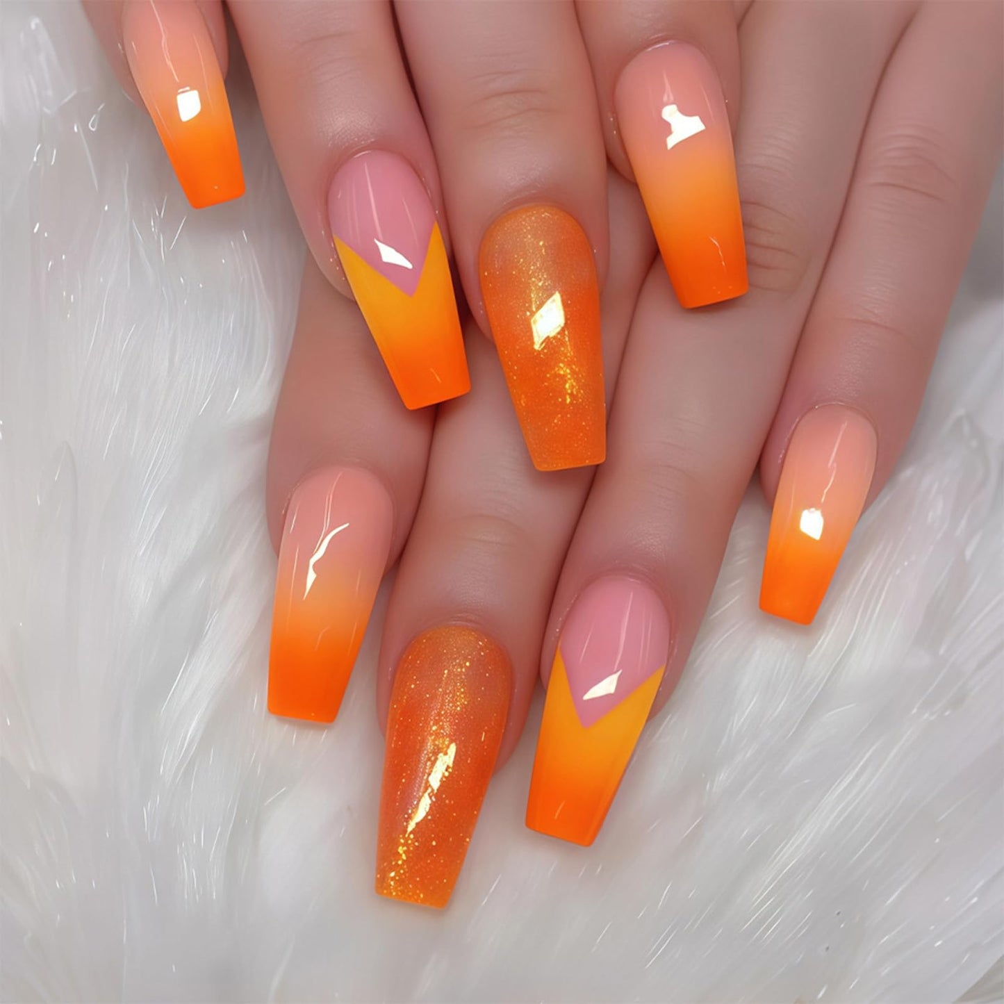 SINHOT Coffin Press on Nails - Long Fake Nails, Glossy Finish, Orange Gradient & Glitter, Reusable Artificial False Nail Art - 24 Pcs Nail Kit with Glue