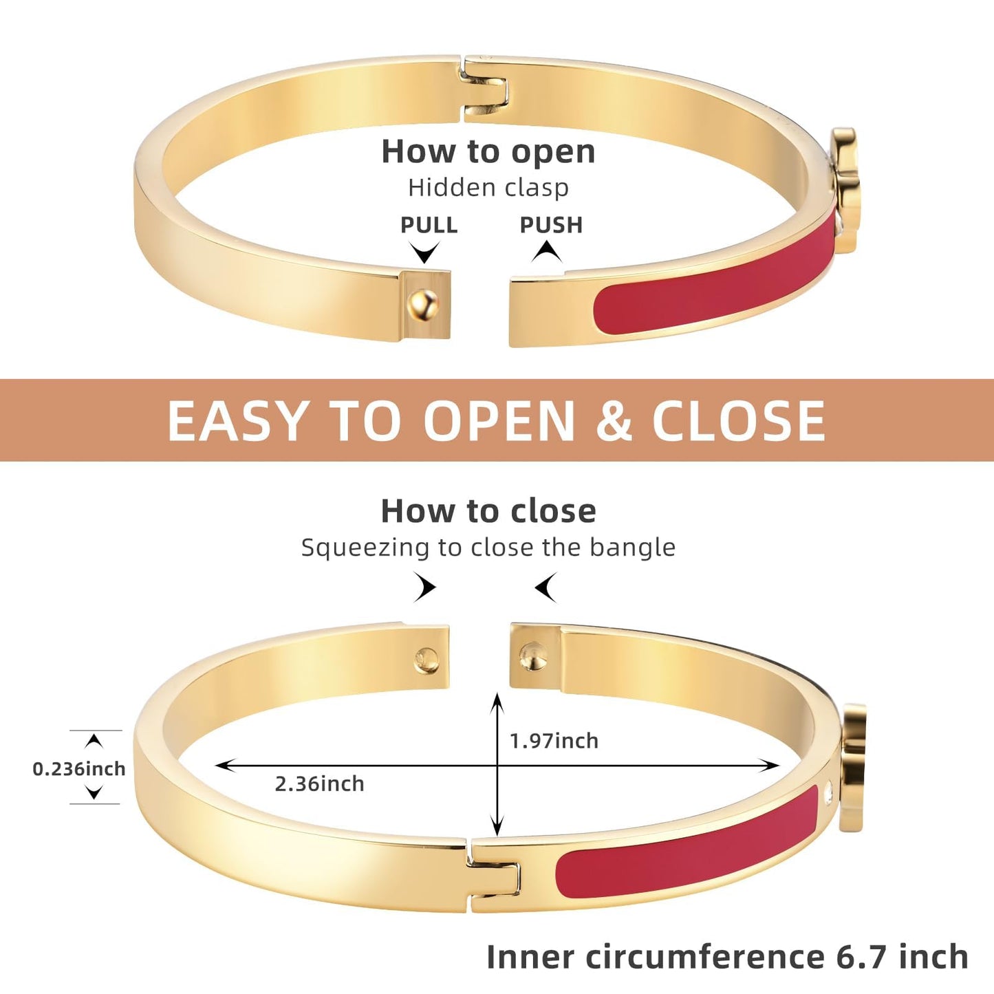 KYJAC 18k Gold Plated Stainless Steel Four Leaf Clover Bracelet for Women - Non-Tarnish, Precision Polished Chunky Oval Bangle in Black, White, Pink, Red Clover Bangle