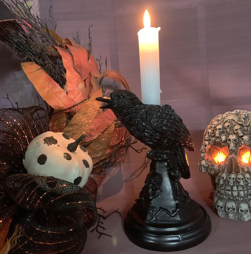 Dark Gothic Candlestick Raven/Owl Halloween Candle Stick Holder, Gothic Statue Figurine Holder Holder Stand, Gothic Home Decor Accessory (Raven)