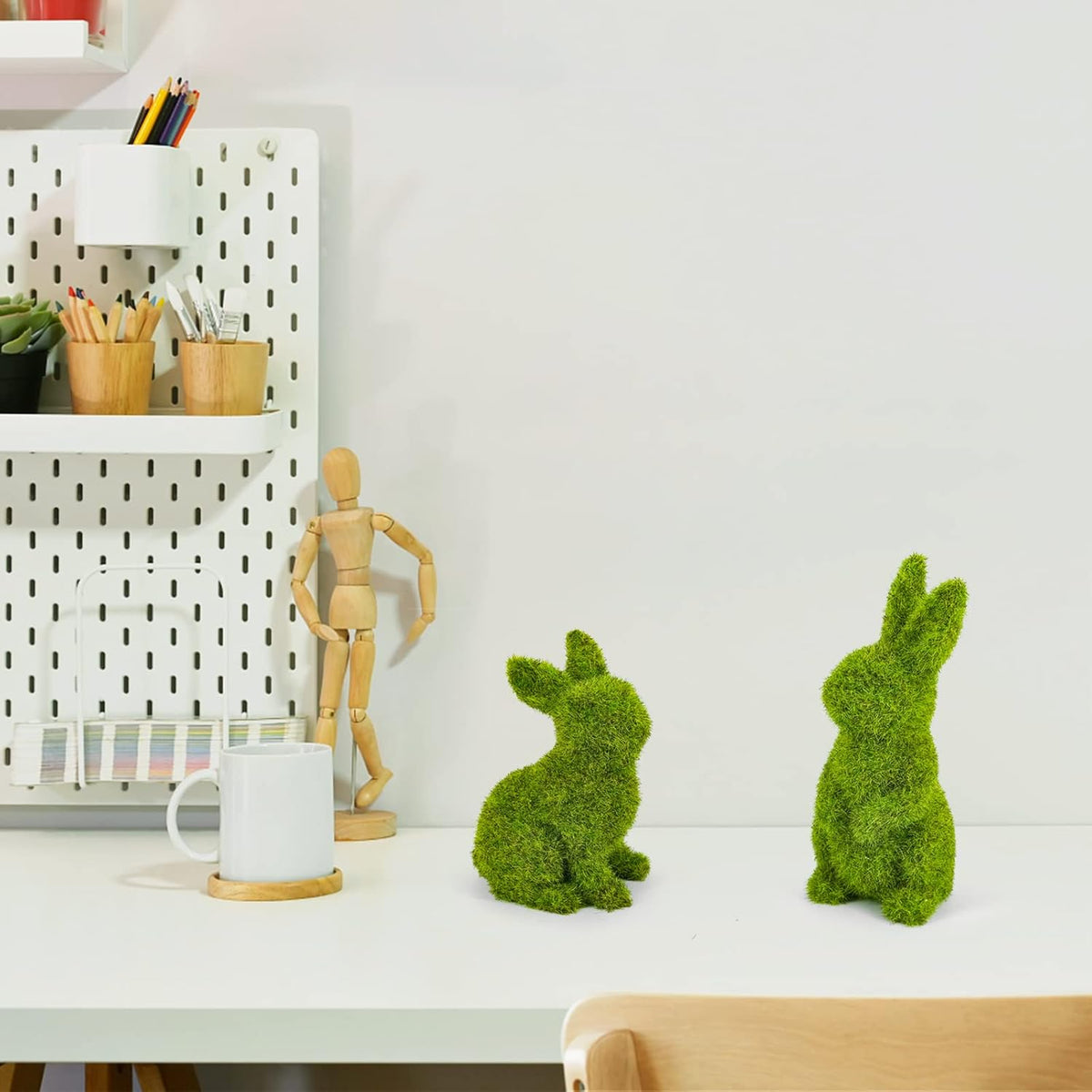 Easter Bunny Decorations,Resin Moss Bunny Figurine,Garden Artificial Moss Rabbit Easter Décor Easter Party Favors Gifts(Medium Sit)